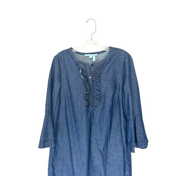 Draper James Dress Bell Sleeve Button Front Denim Chambray Ruffle Shift Size 6 - Picture 4 of 12